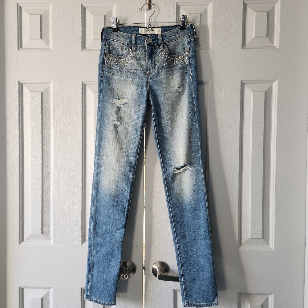 Abercrombie & Fitch Faded Distressed Sparkle Beaded Skinny Jeans size 0 w25